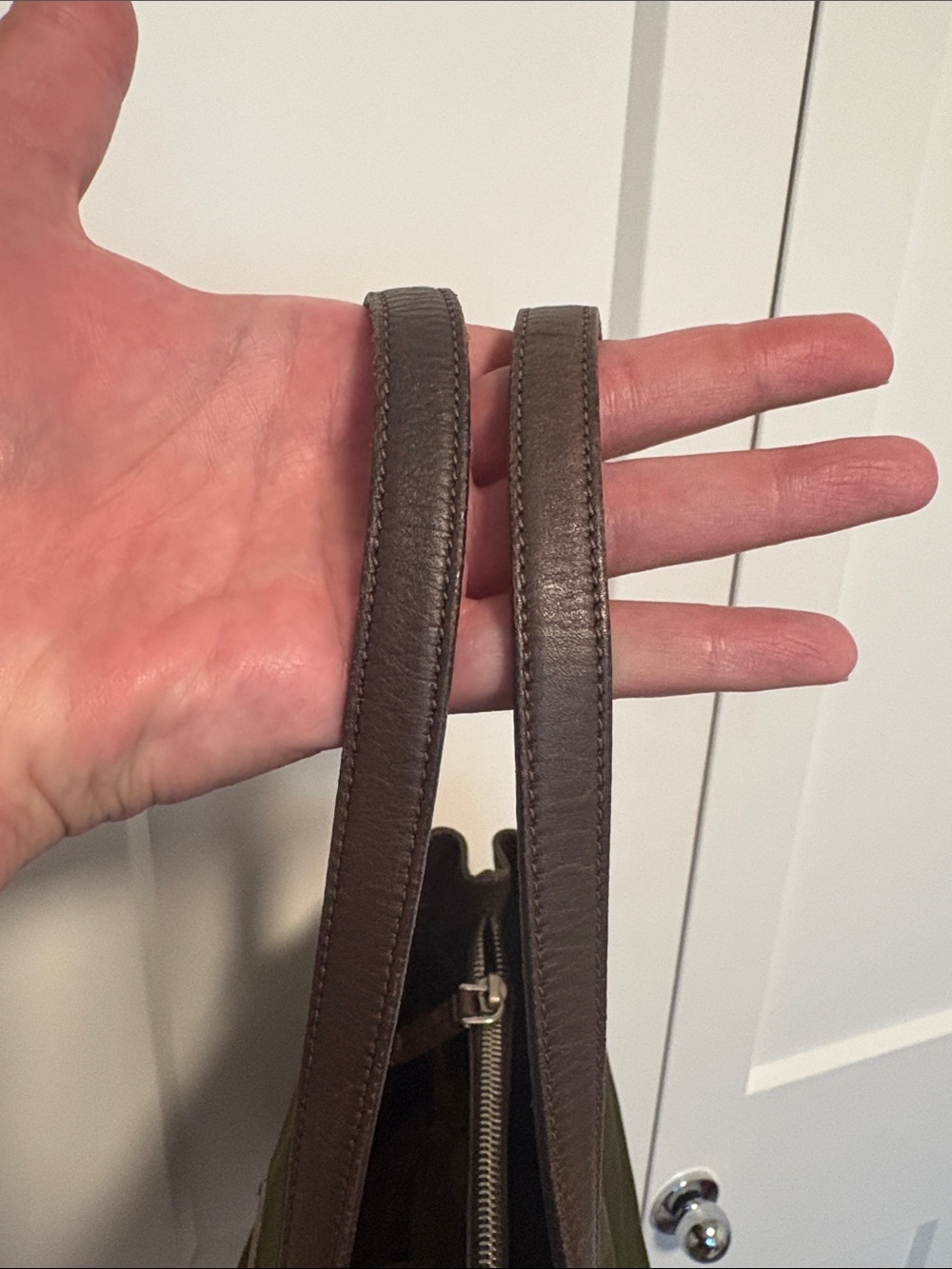 [Prada] Olive Green Nylon Shoulder Bag Handbag Purse Small Tote w/ Brown Leather - Picture 10 of 16